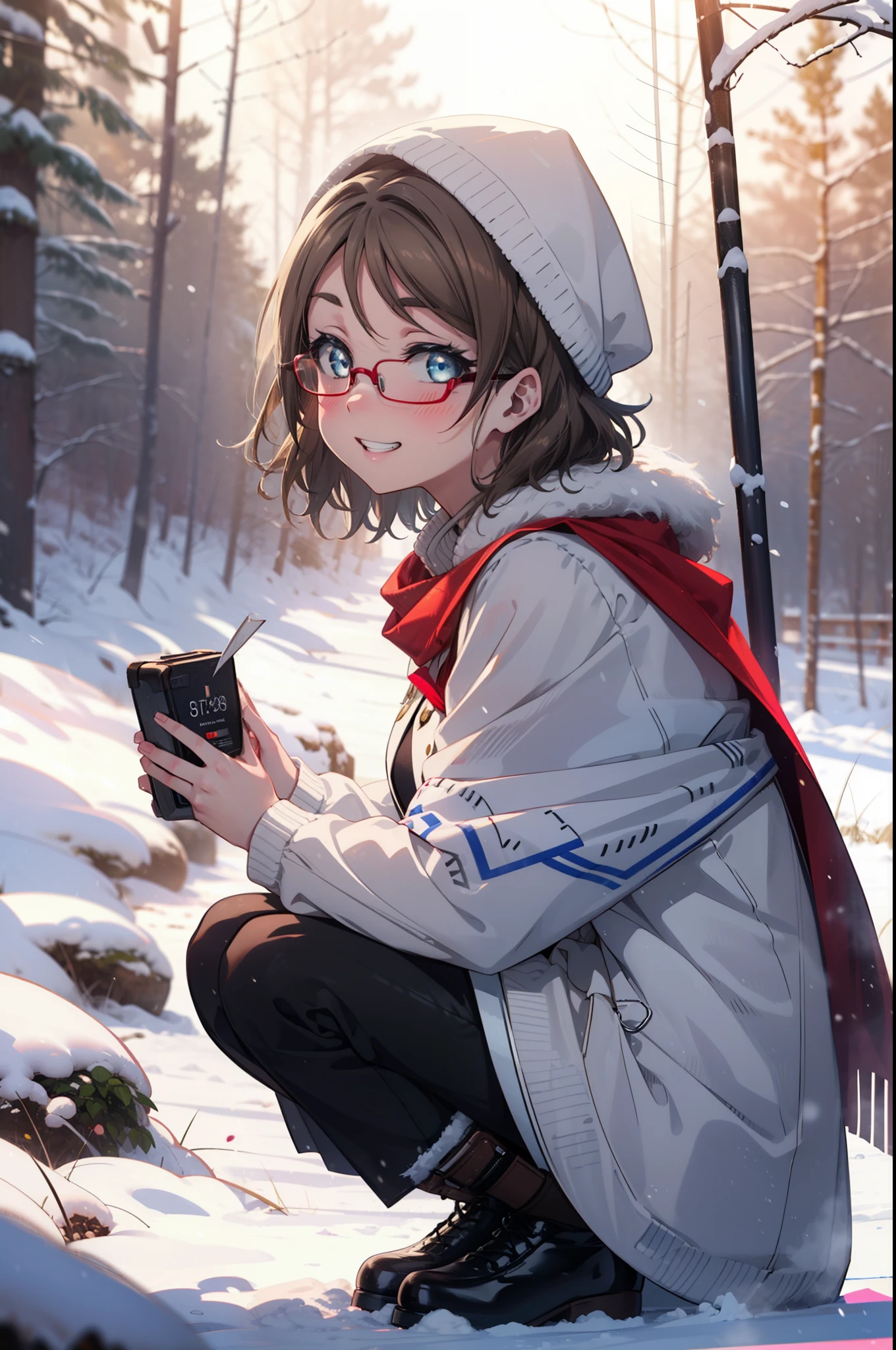 Yo Watanabe, Yu Watanabe, short hair, blue eyes, Brown Hair, smile, Grin,Medium Breast,Black-rimmed glasses,
Open your mouth,snow,Ground bonfire, Outdoor, boots, snowing, From the side, wood, suitcase, Cape, Blurred, having meal, forest, White handbag, nature,  Squat, Mouth closed, Cape, winter, Written boundary depth, Black shoes, red Cape break looking at viewer, Upper Body, whole body, break Outdoor, forest, nature, break (masterpiece:1.2), highest quality, High resolution, unity 8k wallpaper, (shape:0.8), (Beautiful and beautiful eyes:1.6), Highly detailed face, Perfect lighting, Extremely detailed CG, (Perfect hands, Perfect Anatomy),