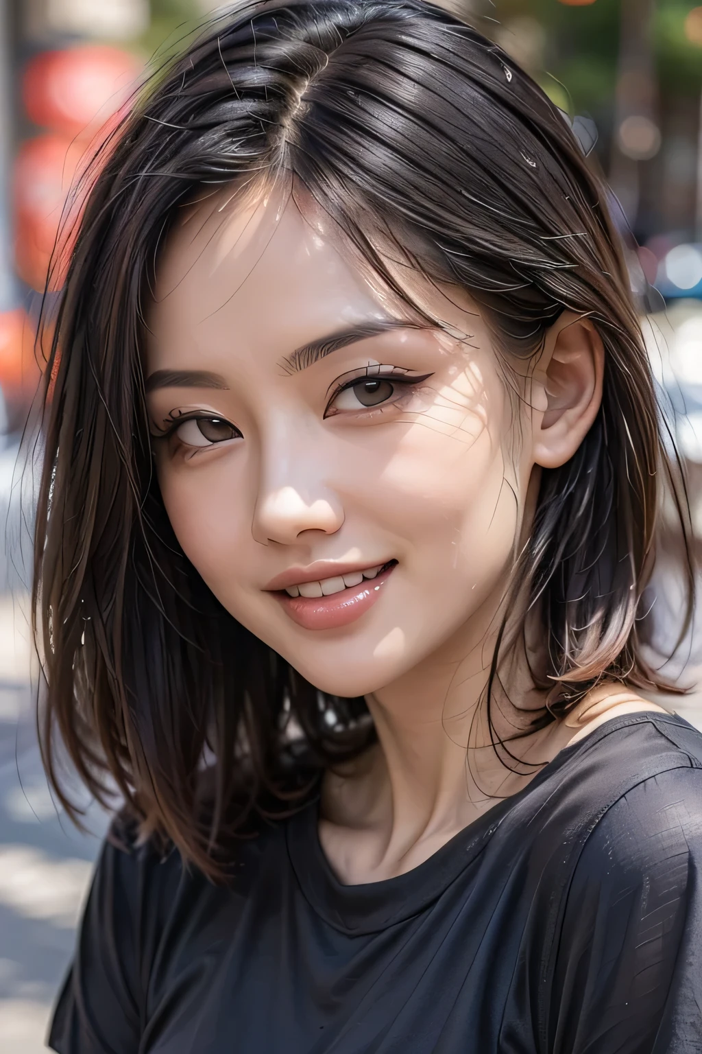 (8k, RAW Photos, highest quality, masterpiece, Realistic, Realistic), (1 female), (The ultimate beautiful Japanese mature), Highly detailed face, (Perfect Teeth), Beautiful Eyes, double eyelid, eyelash, ((smile)), Lip details, (Neat brunette bob), The light shines on your face, (Big Breasts), ((Blue T-shirt)), (Upper Body), ((background: none))