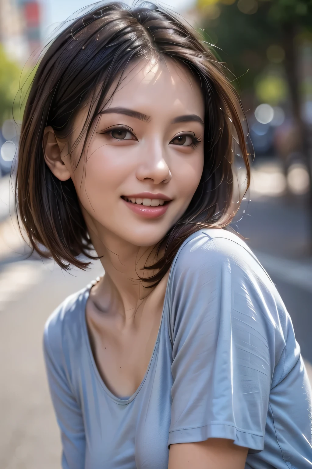 (8k, RAW Photos, highest quality, masterpiece, Realistic, Realistic), (1 female), (The ultimate beautiful Japanese mature), Highly detailed face, (Perfect Teeth), Beautiful Eyes, double eyelid, eyelash, ((smile)), Lip details, (Neat brunette bob), The light shines on your face, (Big Breasts), ((Blue T-shirt)), (Upper Body), ((background: none))