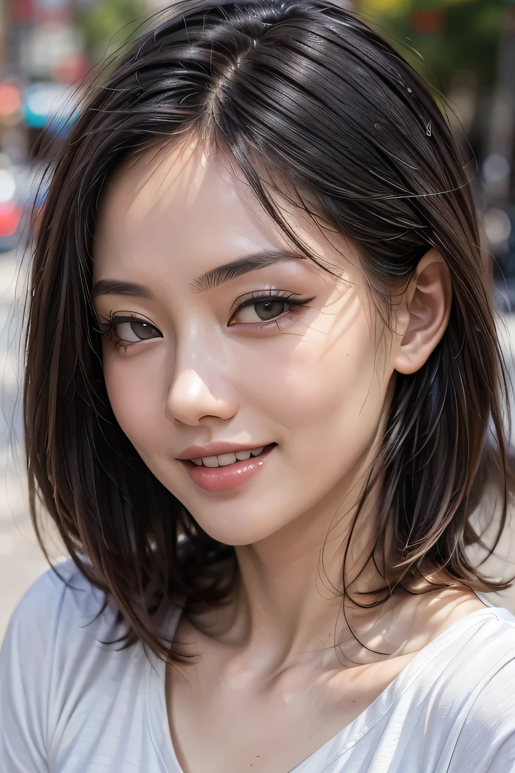 (8k, RAW Photos, highest quality, masterpiece, Realistic, Realistic), (1 female), (The ultimate beautiful Japanese mature), Highly detailed face, (Perfect Teeth), Beautiful Eyes, double eyelid, eyelash, ((smile)), Lip details, (Neat brunette bob), The light shines on your face, (Big Breasts), ((Blue T-shirt)), (Upper Body), ((background: none))