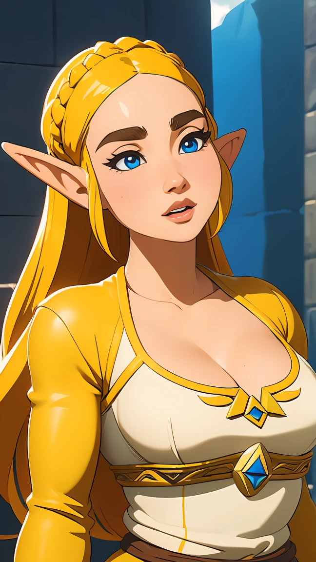 ((masterpiece)), ((Best Quality)), (detailed), perfect, Alone, zelda, beautiful woman, delicious lips, by the wide, huge chest, deep neckline, huge chests, sexy,