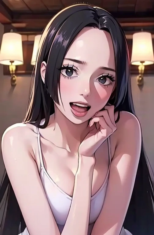 best quality, masterpiece, highly detailed,1girl, Boa Hancock, , (masterpiece:1.5), Detailed Photo, Smiling, Sexy, (8K, Best Quality: 1.4), (1girl), Beautiful Face, (anime realistic Face), (Black Hair, long Hair: 1.3), Beautiful Hairstyle, Realistic eyes, beautiful detail eyes, (white skin), beautiful skin, absurd, attractive, ultra high resolution, ultra realistic, high definition, golden ratio, (sexually aroused:1.5), Pinkish white skin, cool white light, sexy pose, Beautiful , white background, pink soft white light, Wear a black bodycon dress