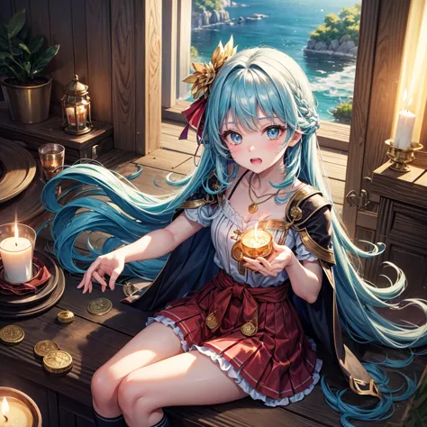 Aqua blue hair、Golden Eyes、Braid、One good looking girl、solo、anime、Checkered mini skirt、Ruffles on the skirt、Red T-shirt、Cape、Got...