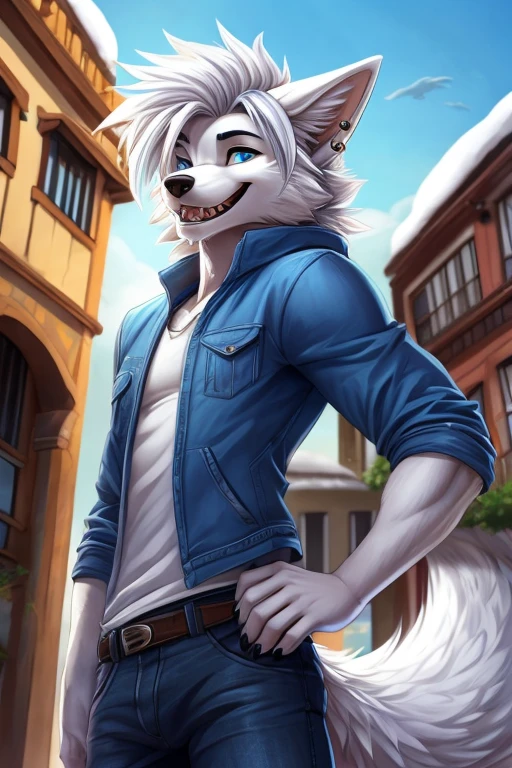 close up view, 
giant furry,anthro,
giant male arctic wolf, giant fluffy wolf ears, fluffy wolf tail, snow white fur, light blue eyes, sharp teeth, short messy and spikey white hair, pawpads, black pawpads, 
handsome, slim, well-built, 
wearing a blue denim jacket, white shirt and black jeans, many silver ear piercings and hoops, 
looking forwards,looking at viewer, happily smiling, 
posing cutely in a tiny city, sunny day, tiny landscape in background, 
(giant character) (macro furry) (macrophilia) 