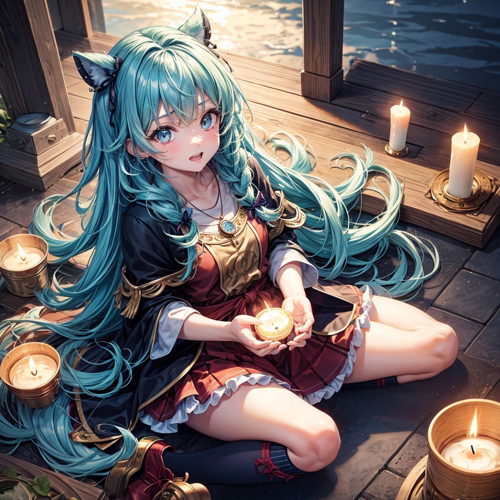 Aqua blue hair、Golden Eyes、Braid、One good looking girl、solo、anime、Checkered mini skirt、Ruffles on the skirt、Red T-shirt、Cape、Gothic、Black knee-high socks、bandana、Fluffy clothes、Wearing a ribbon、Ribbon on waist、Tilting face、Teeth are visible、Sunset sky、Piercing the clouds、Contrail、lotus leaves、Cumulonimbus、Pillar of Light、candle fire、Silver coin necklace、A world of light、Sitting on a high wall、Hands together、From above