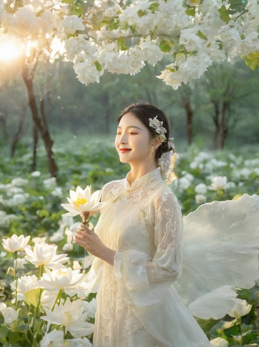 ao entardecer，A deusa do vinho está escondida na floresta de flores e árvores，Usando um vestido opaco de renda branca，Há um lótus de neve branco puro pintado nele，Segurando uma garrafa de vinho com uma mão，Segurando uma taça de vinho em uma mão，Ela sorriu para mim，Revelando os verdadeiros sentimentos depois de beber，Neste momento, o sorriso dela é como um anjo puro，A alma é tão pura quanto a lua，Há também uma lua crescente ao fundo，bela pintura，romântico，Luz natural, Elegante e bonito, românticoism, luminismo, visão em primeira pessoa, tiro de vaqueiro, Ultra HD, obra de arte, preciso, Anatomicamente correto, detalhes altos, premiado, 8K