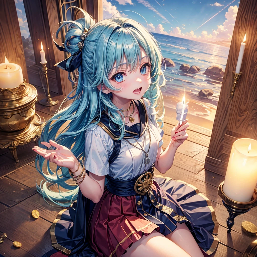 Aqua blue hair、Golden Eyes、Braid、One good looking girl、solo、anime、Checkered mini skirt、Ruffles on the skirt、Red T-shirt、Cape、Gothic、Black knee-high socks、bandana、Fluffy clothes、Wearing a ribbon、Ribbon on waist、Tilting face、Teeth are visible、Sunset sky、Piercing the clouds、Contrail、lotus leaves、Cumulonimbus、Pillar of Light、candle fire、Silver coin necklace、A world of light、Sitting on a high wall、Hands together、From above