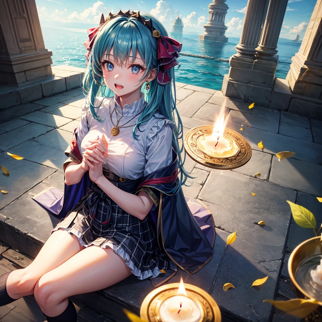 Aqua blue hair、Golden Eyes、Braid、One good looking girl、solo、anime、Checkered mini skirt、Ruffles on the skirt、Red T-shirt、Cape、Gothic、Black knee-high socks、bandana、Fluffy clothes、Wearing a ribbon、Ribbon on waist、Tilting face、Teeth are visible、Sunset sky、Piercing the clouds、Contrail、lotus leaves、Cumulonimbus、Pillar of Light、candle fire、Silver coin necklace、A world of light、Sitting on a high wall、Hands together、From above