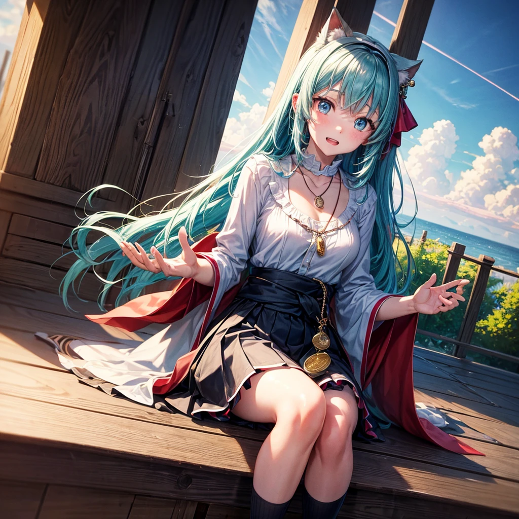 Aqua blue hair、Golden Eyes、Braid、One good looking girl、solo、anime、Checkered mini skirt、Ruffles on the skirt、Red T-shirt、Cape、Gothic、Black knee-high socks、bandana、Fluffy clothes、Wearing a ribbon、Ribbon on waist、Tilting face、Teeth are visible、Sunset sky、Piercing the clouds、Contrail、lotus leaves、Cumulonimbus、Pillar of Light、candle fire、Silver coin necklace、A world of light、Sitting on a high wall、Hands together、From above