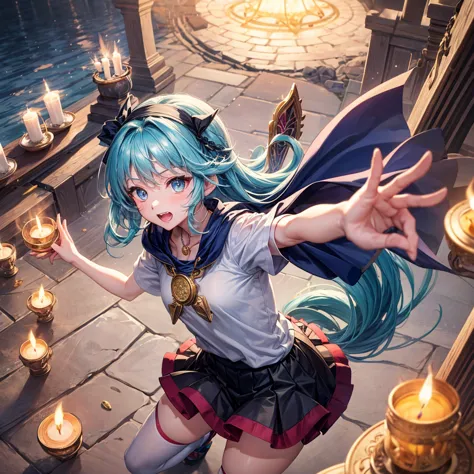 Aqua blue hair、Golden Eyes、Braid、One good looking girl、solo、anime、Checkered mini skirt、Ruffles on the skirt、Red T-shirt、Cape、Got...