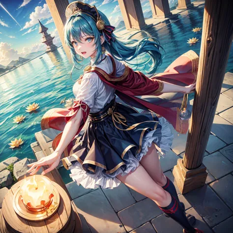 Aqua blue hair、Golden Eyes、Braid、One good looking girl、solo、anime、Checkered mini skirt、Ruffles on the skirt、Red T-shirt、Cape、Got...