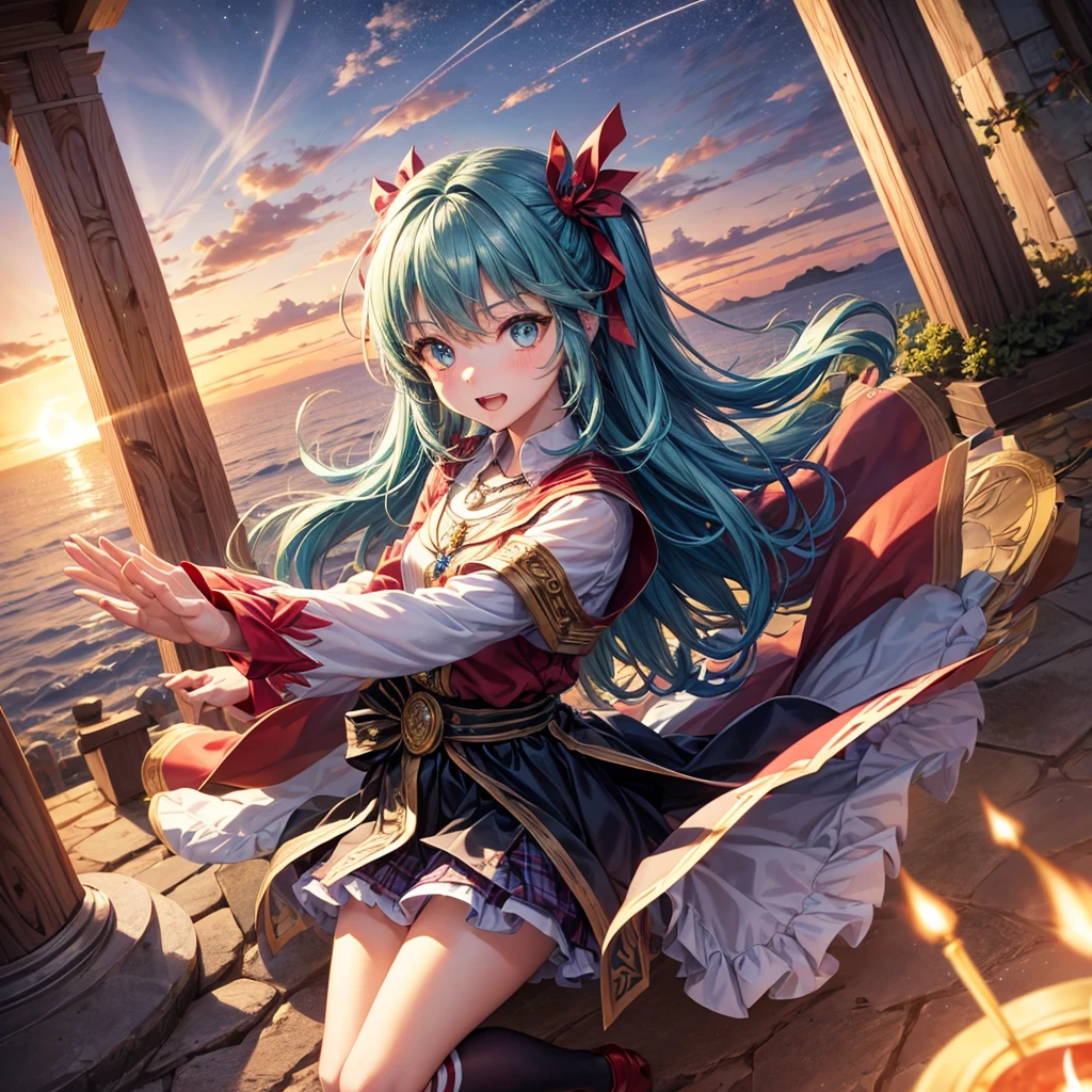 Aqua blue hair、Golden Eyes、Braid、One good looking girl、solo、anime、Checkered mini skirt、Ruffles on the skirt、Red T-shirt、Cape、Gothic、Black knee-high socks、bandana、Fluffy clothes、Wearing a ribbon、Ribbon on waist、Tilting face、Teeth are visible、Sunset sky、Piercing the clouds、Contrail、lotus leaves、Cumulonimbus、Pillar of Light、candle fire、Silver coin necklace、A world of light、Spreading his arms for balance、Hands together、From above