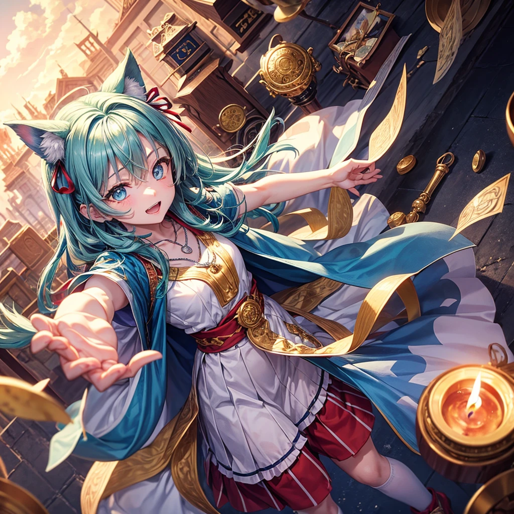 Aqua blue hair、Golden Eyes、Braid、One good looking girl、solo、anime、Checkered mini skirt、Ruffles on the skirt、Red T-shirt、Cape、Gothic、Black knee-high socks、bandana、Fluffy clothes、Wearing a ribbon、Ribbon on waist、Tilting face、Teeth are visible、Sunset sky、Piercing the clouds、Contrail、lotus leaves、Cumulonimbus、Pillar of Light、candle fire、Silver coin necklace、A world of light、Spreading his arms for balance、Hands together、From above