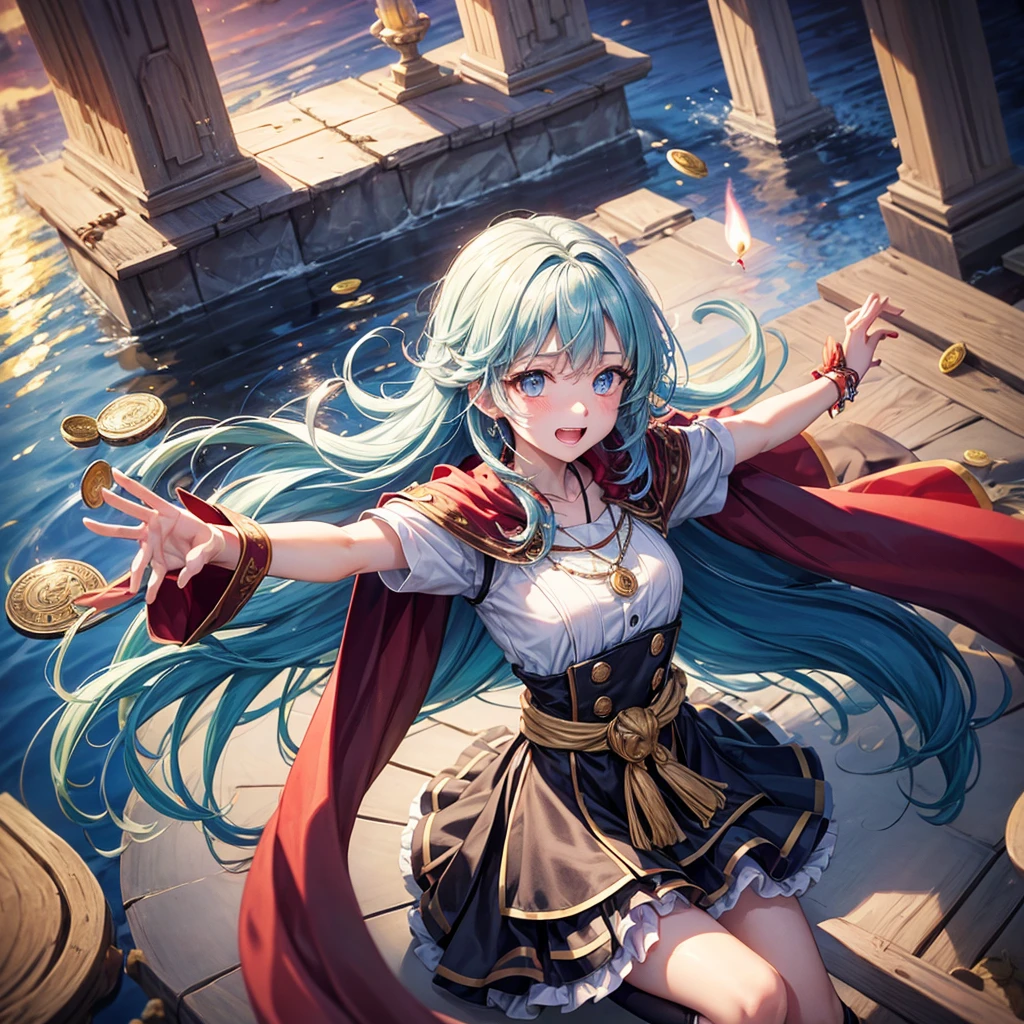 Aqua blue hair、Golden Eyes、Braid、One good looking girl、solo、anime、Checkered mini skirt、Ruffles on the skirt、Red T-shirt、Cape、Gothic、Black knee-high socks、bandana、Fluffy clothes、Wearing a ribbon、Ribbon on waist、Tilting face、Teeth are visible、Sunset sky、Piercing the clouds、Contrail、lotus leaves、Cumulonimbus、Pillar of Light、candle fire、Silver coin necklace、A world of light、Spreading his arms for balance、Hands together、From above