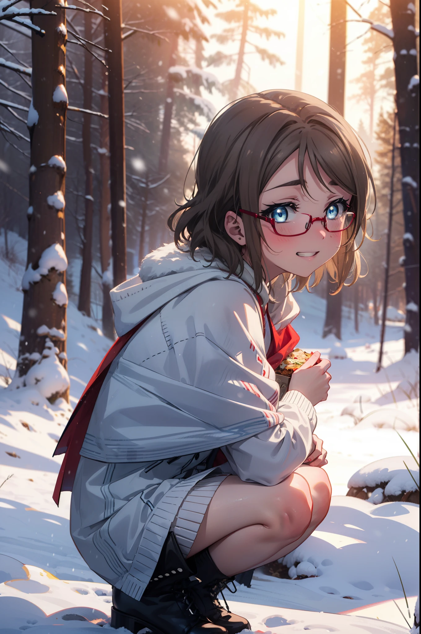 Yo Watanabe, Yu Watanabe, kurzes Haar, blaue Augen, braune Haare, lächeln, Grinsen,mittlere Brust,Brille mit schwarzem Rand,
Öffne deinen Mund,Schnee,Bodenfeuer, draussen, Stiefel, Schneeing, Von der Seite, Holz, Koffer, Kap, Verschwommen, beim Essen, Wald, Weiße Handtasche, Natur,  Hocken, Mund geschlossen, Kap, winter, Geschriebene Grenztiefe, schwarze Schuhe, red Kap BRECHEN looking at viewer, Oberkörper, ganzer Körper, BRECHEN draussen, Wald, Natur, BRECHEN (Meisterwerk:1.2), höchste Qualität, hohe Auflösung, Einheit 8k Hintergrundbild, (Form:0.8), (Schöne und schöne Augen:1.6), Sehr detailliertes Gesicht, Perfekte Beleuchtung, extrem detaillierte CG, (perfekte Hände, perfekte Anatomie),