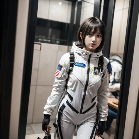 one girls , young , a view from below , short hair hair , black  hair , spacesuit , white spacesuit , pop visible , naked butt ,...