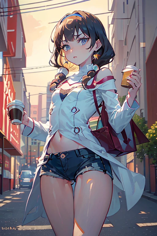 (masterpiece, Best Quality, ultra-detailed, high resolution, extremely detailed CG, official art, Professional Lighting, Perfect Anatomy, anime colors), (from below), looking at viewer, cowboy shot, perfect body, a 24yo beautiful girl, sidelocks, hairband, earrings,medium hips, glamorous body,a small face,beautiful-makeup,Makeup light,dark brown hair, Amazing Cleavage, thin waist, cute ass, Raised sexy, small breast: 1.2 posed cleavage:1.2, (off shoulders,Denimbra,legginullnude), micro denim shorts, bare legs, nail_polish, pale skin, Waiting friend, (morning:1.5), tokyo, (convenience store:1.3), outdoor, (depth of field:1.3), contrapposto, (Hold a coffee in your hand:1.3),delicate beautiful face, Bright blue eyes, cute eyes, sparkling eyes, Big eyes, (perky chest:1.1), (pointed chest:1.3), looking at viewer,
