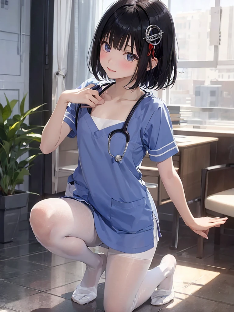 masterpiece, best quality, solo, flat chest, scrubs, (white pantyhose), hair_ornament, short_hair, black_hair, black_eyes, Crotchless pantyhose, on one knee