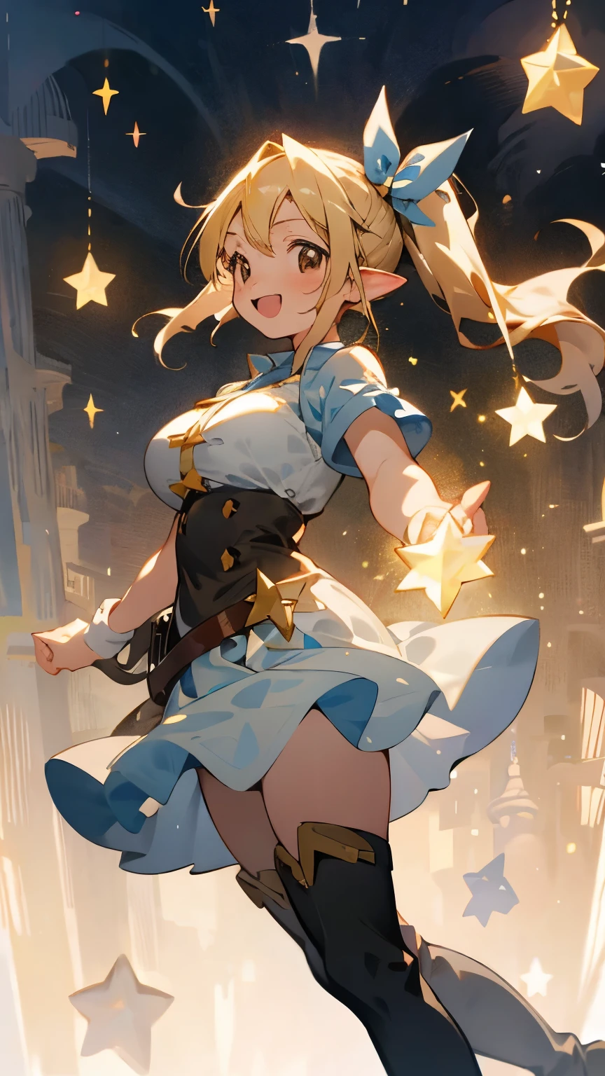 16-year-old girl、One girl, Magic key、Fairy, Pointed Ears, masterpiece, highest quality, High resolution, Lucy Heartfilia, Lucy Heartfilia, One girl, alone, Blonde Hair, Brown eyes, Long Hair, Side Ponytail, Hair Ribbon, Big Breasts, Earrings, Thigh-high boots, Blue Shirt, No sleeve, White Skirt, smile, Open your mouth, Dark Background, starlight, star,starをすくう、手のひらでstarを救い上げる