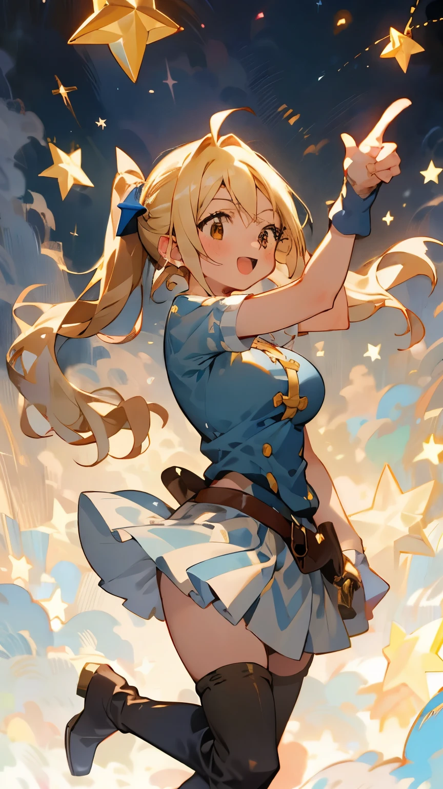 16-year-old girl、One girl, Fairy, Pointed Ears, masterpiece, highest quality, High resolution, Lucy Heartfilia, Lucy Heartfilia, One girl, alone, Blonde Hair, Brown eyes, Long Hair, Side Ponytail, Hair Ribbon, Big Breasts, Earrings, Thigh-high boots, Blue Shirt, No sleeve, White Skirt, smile, Open your mouth, Dark Background, starlight, star,starをすくう、手のひらでstarを救い上げる