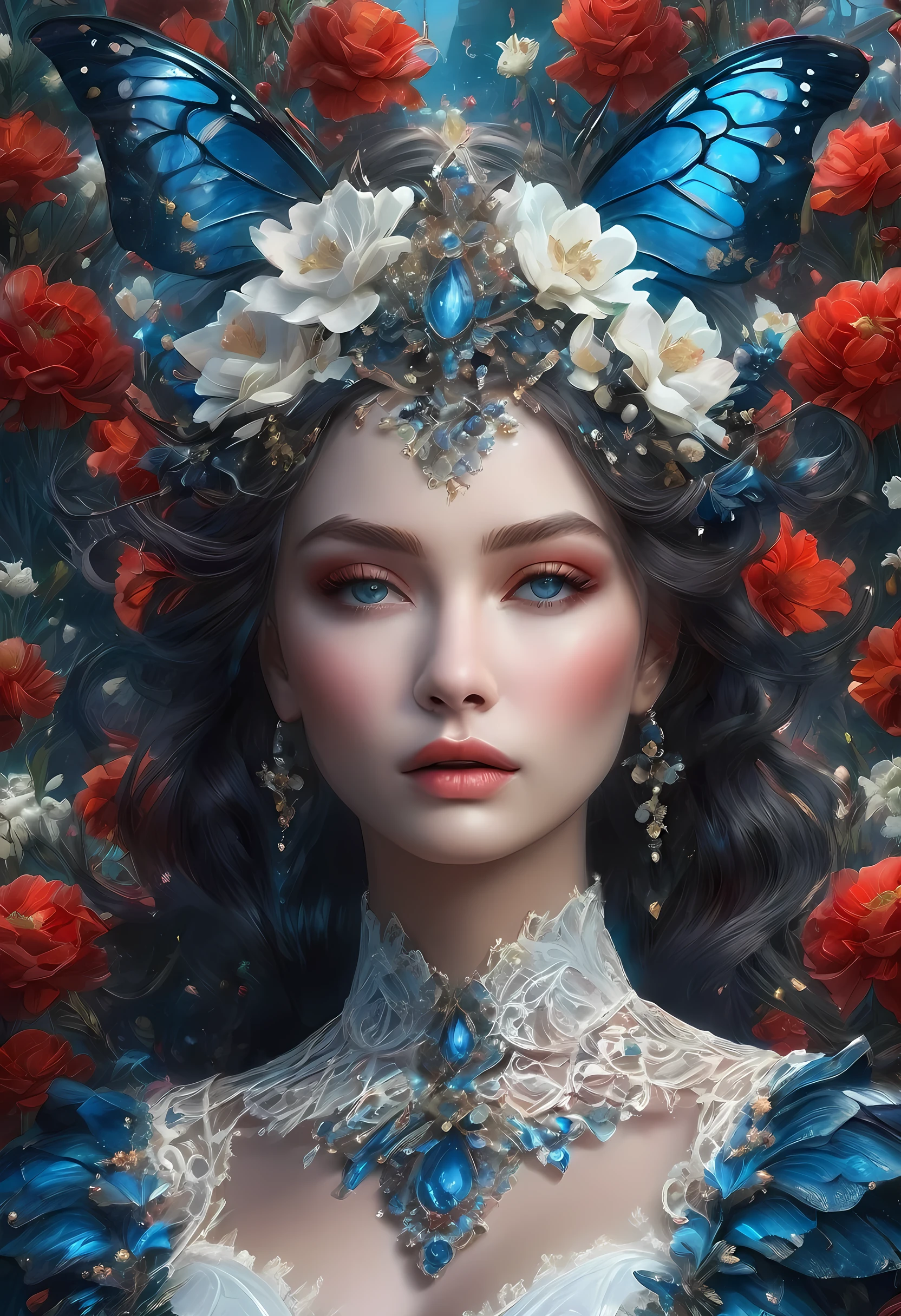 high details, best quality, 16k, RAW, [best detailed], masterpiece, best quality, (extremely detailed), full body, ultra wide shot, photorealistic, dark fantasy art, goth art, RPG art, D&D art, a picture of a dark female fairy resting in a flower meadow, extremely beautiful fairy, ultra feminine (intense details, Masterpiece, best quality), best detailed face (intense details, Masterpiece, best quality), having wide butterfly wings, spread butterfly wings (intense details, Masterpiece, best quality), dark colors wings (intense details, Masterpiece, best quality), black hair, long hair, shinning hair, flowing hair, shy smile, innocent smile, blue eyes, dark red lips, wearing ((white: 1.5)) lace dress (intense details, Masterpiece, best quality), (lace: 1.5) corset (intense details, Masterpiece, best quality), dynamic elegant shirt, chocker, wearing high heels, in dark colored flower meadow (intense details, Masterpiece, best quality), (red flowers: 1.2) , (black flowers: 1.2), (white flowers: 1.2), (blue flowers: 1.3) [extreme many flowers] (intense details, Masterpiece, best quality), dark colorful flowers (intense details, Masterpiece, best quality), flower meadow in a dark goth field background, dim light, cinematic light, High Detail, Ultra High Quality, High Resolution, 16K Resolution, Ultra HD Pictures, 3D rendering Ultra Realistic, Clear Details, Realistic Detail, Ultra High Definition, lace drawing, betmd
