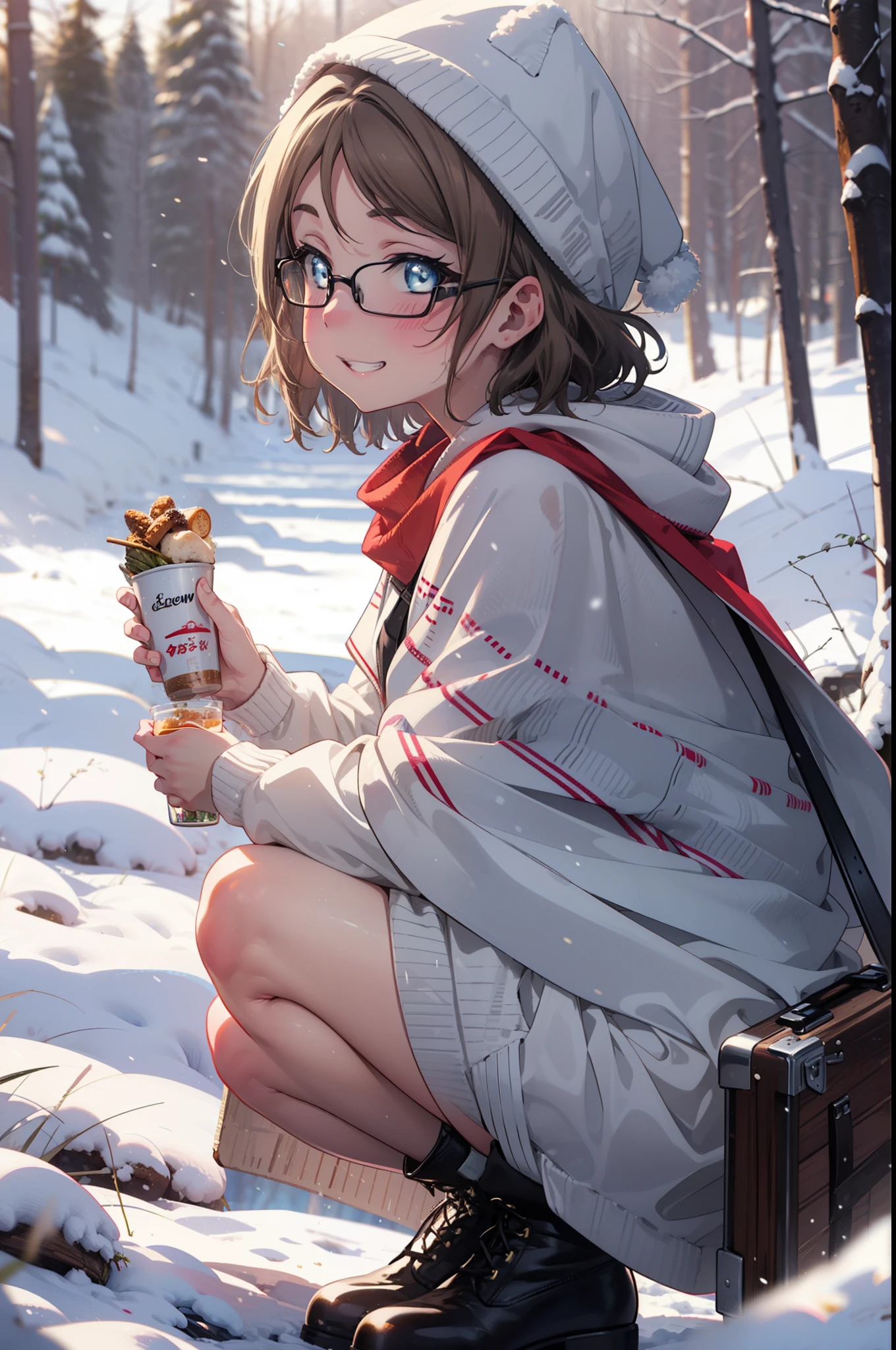 Yo Watanabe, Yu Watanabe, short hair, blue eyes, Brown Hair, smile, Grin,Medium Breast,Black-rimmed glasses,
Open your mouth,snow,Ground bonfire, Outdoor, boots, snowing, From the side, wood, suitcase, Cape, Blurred, having meal, forest, White handbag, nature,  Squat, Mouth closed, Cape, winter, Written boundary depth, Black shoes, red Cape break looking at viewer, Upper Body, whole body, break Outdoor, forest, nature, break (masterpiece:1.2), highest quality, High resolution, unity 8k wallpaper, (shape:0.8), (Beautiful and beautiful eyes:1.6), Highly detailed face, Perfect lighting, Extremely detailed CG, (Perfect hands, Perfect Anatomy),