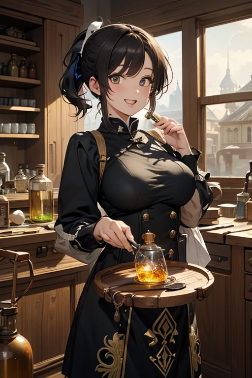 (fantasy:1.5),(anime,8k,masterpiece, top quality, best quality,beautiful and aesthetic:1.2,professional illustrasion:1.1,ultra detail:1.3,perfect lighting),extremely detailed,highest detailed,incredibly absurdres , highres, ultra detailed,intricate:1.6,(Alchemy Workshop:1.4),A girl mixing,Medicine in many small bottles,holding small potion,colorful:1.4,zentangle,(1girl),(girl),(Three kingdoms female warload),(highly detailed beautiful face and eyes,firm breasts),oily skin,((black,hair,short bob with short pony tail hair)),thin pubic hair,cute,lovely,34 years old,alchemist costume,Merchant's Clothing,smile,in the kitchen,smile,seductive weak smiling,(with sparkling eyes and a contagious smile),open mouth, Looking at Viewer,
