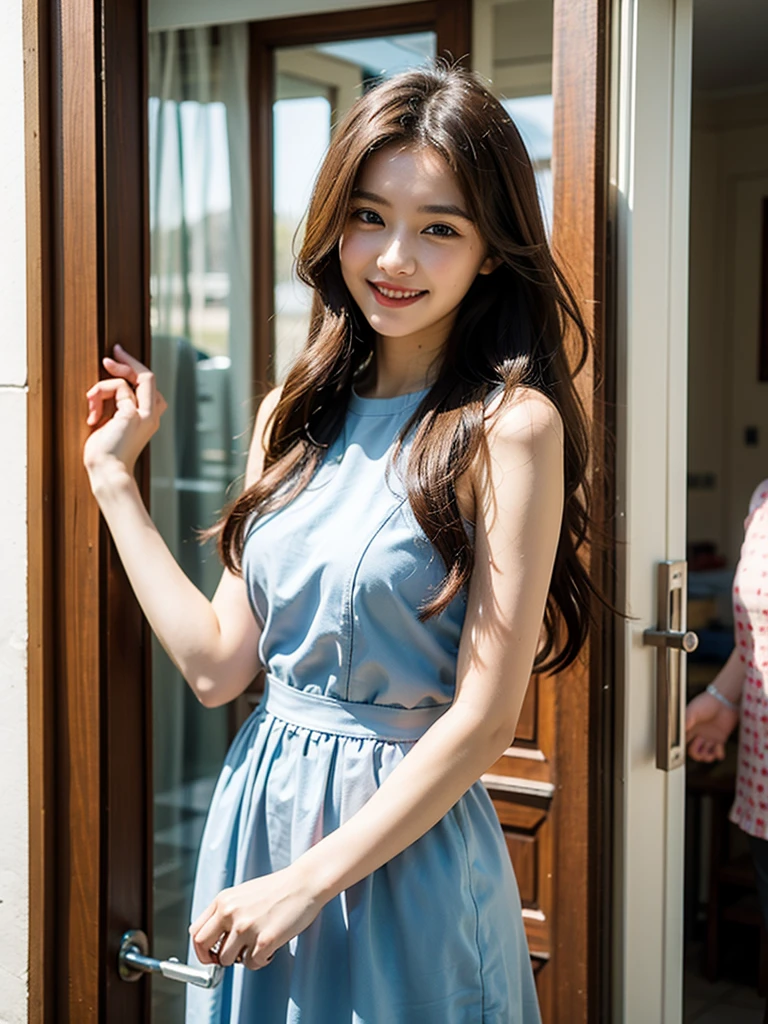 1female (20 years old), long hair, brown hair, blue eyes, dress, pink dress, (excited, happy), holding the key, standing at the door of the house.