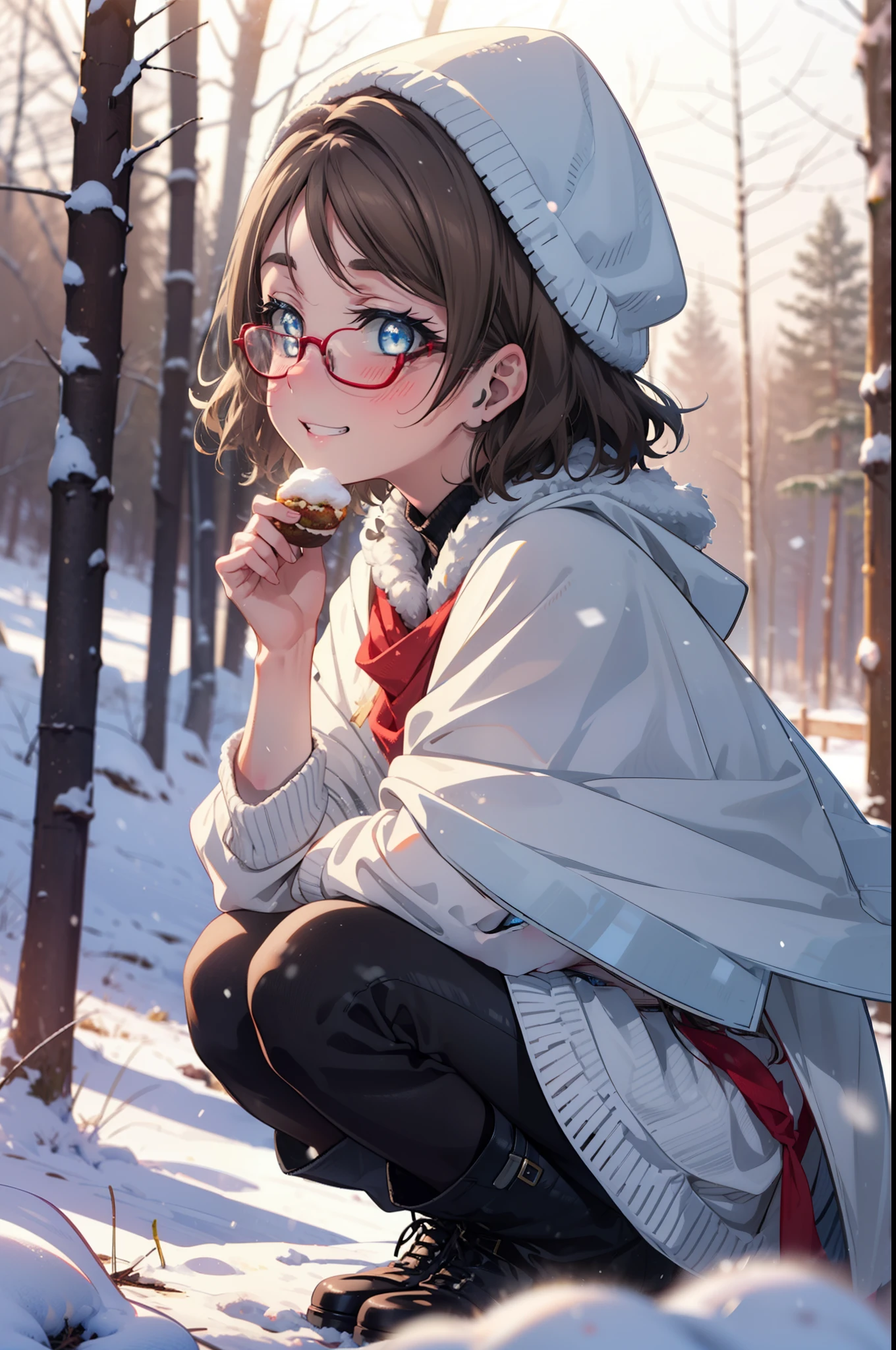 Yo Watanabe, Yu Watanabe, short hair, blue eyes, Brown Hair, smile, Grin,Medium Breast,Black-rimmed glasses,
Open your mouth,snow,Ground bonfire, Outdoor, boots, snowing, From the side, wood, suitcase, Cape, Blurred, having meal, forest, White handbag, nature,  Squat, Mouth closed, Cape, winter, Written boundary depth, Black shoes, red Cape break looking at viewer, Upper Body, whole body, break Outdoor, forest, nature, break (masterpiece:1.2), highest quality, High resolution, unity 8k wallpaper, (shape:0.8), (Beautiful and beautiful eyes:1.6), Highly detailed face, Perfect lighting, Extremely detailed CG, (Perfect hands, Perfect Anatomy),