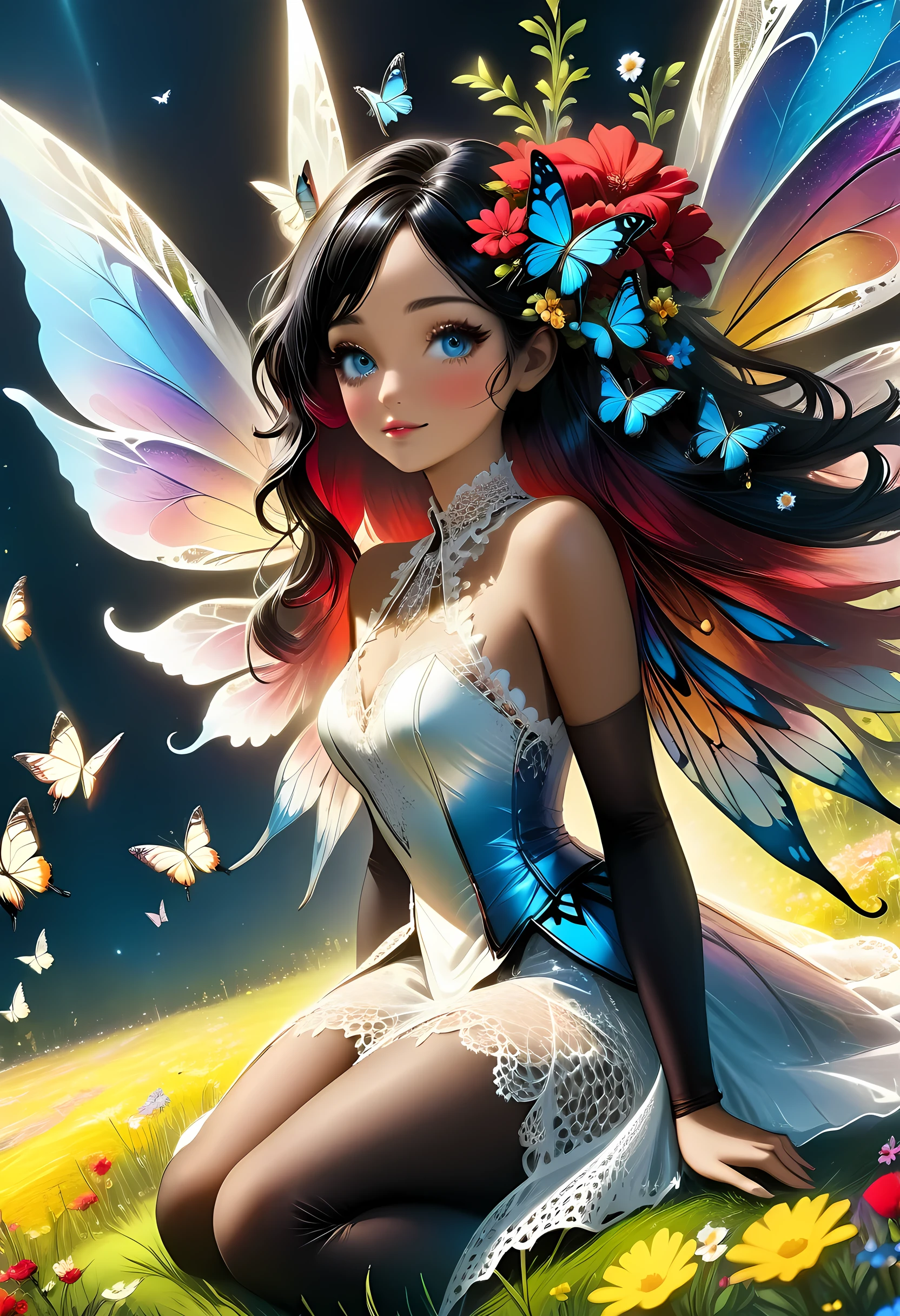 high details, best quality, 16k, RAW, [best detailed], masterpiece, best quality, (extremely detailed), full body, ultra wide shot, photorealistic, dark fantasy art, goth art, RPG art, D&D art, a picture of a dark female fairy resting in a flower meadow, extremely beautiful fairy, ultra feminine (intense details, Masterpiece, best quality), best detailed face (intense details, Masterpiece, best quality), having wide butterfly wings, spread butterfly wings (intense details, Masterpiece, best quality), dark colors wings (intense details, Masterpiece, best quality), black hair, long hair, shinning hair, flowing hair, shy smile, innocent smile, blue eyes, dark red lips, wearing ((white: 1.5)) lace dress (intense details, Masterpiece, best quality), ((white lace: 1.5)) corset (intense details, Masterpiece, best quality), dynamic elegant shirt, chocker, wearing high heels, in dark colored flower meadow (intense details, Masterpiece, best quality), (red flowers: 1.2) , (black flowers: 1.2), (white flowers: 1.2), (blue flowers: 1.3) [extreme many flowers] (intense details, Masterpiece, best quality), dark colorful flowers (intense details, Masterpiece, best quality), flower meadow in a dark goth field background, dim light, cinematic light, High Detail, Ultra High Quality, High Resolution, 16K Resolution, Ultra HD Pictures, 3D rendering Ultra Realistic, Clear Details, Realistic Detail, Ultra High Definition, lace drawing, betmd, DonMF41ryW1ng5XL
