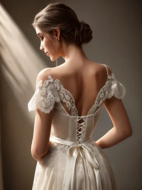 ((Close-up of the back from shoulder to waist))、Beautiful, intricate and delicate white lace、Highly detailed white lace、White la...