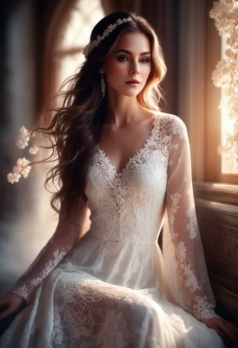 White Lace, beautiful white lace dress, elegant lady, long hair, soft lighting, graceful pose, detailed flowers, intricate lace ...