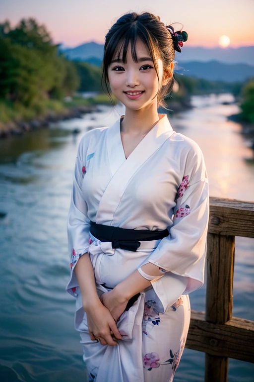 One super beautiful Japanese baby-faced beauty,muste piece, best quality, Super detailed, fine details, High resolution, In 8K, ((photorealistic:1.4, Live shooting, 超High resolution,Highest image quality: 1.4)), ((Super baby-faced Japanese idol-class beautiful girl:1.3)), (face is round and small), （((The nose is symmetrical and narrow:1.4))）,(The ratio of the transcendental nose is symmetrical and small and high.),wall paper, beautiful detailed eyes, natural color lip, ((gentle smile:1.5)), ((Random and cute bangs see-through hairstyle)), ((random yukata:1.5)), ((big breast size：1.8、cleavage:0.9)), ((Only one mole just above the tear bag:1.2)，((The river at night is in the background:1.4)), ((random happy expression)),Highly detailed and natural lighting)),((I can see my thighs:1.5)),Looks like a random little devil：1.3，Random Sexy Pose：1.4, 