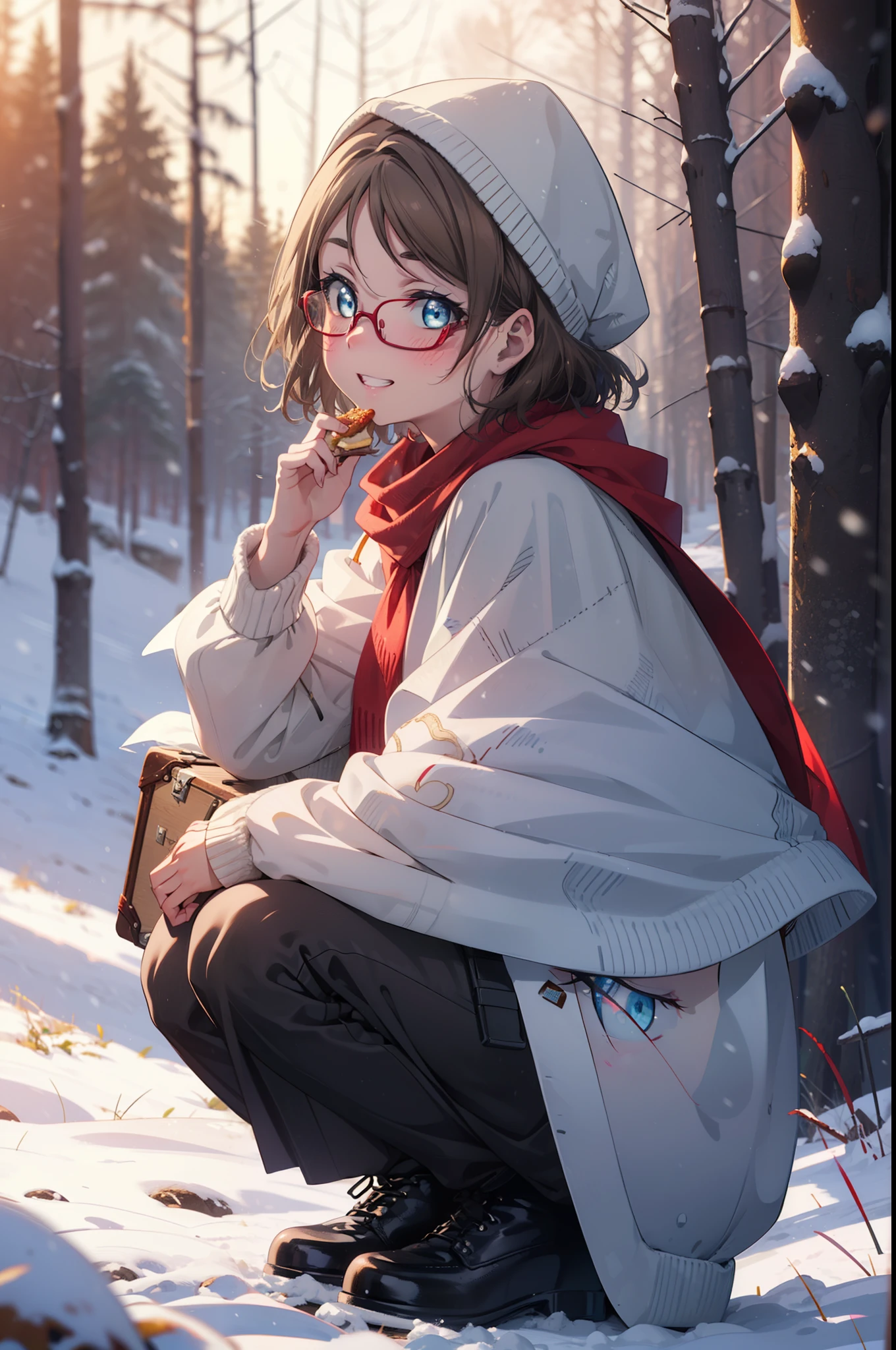 Yo Watanabe, Yu Watanabe, short hair, blue eyes, Brown Hair, smile, Grin,Medium Breast,Black-rimmed glasses,
Open your mouth,snow,Ground bonfire, Outdoor, boots, snowing, From the side, wood, suitcase, Cape, Blurred, having meal, forest, White handbag, nature,  Squat, Mouth closed, Cape, winter, Written boundary depth, Black shoes, red Cape break looking at viewer, Upper Body, whole body, break Outdoor, forest, nature, break (masterpiece:1.2), highest quality, High resolution, unity 8k wallpaper, (shape:0.8), (Beautiful and beautiful eyes:1.6), Highly detailed face, Perfect lighting, Extremely detailed CG, (Perfect hands, Perfect Anatomy),