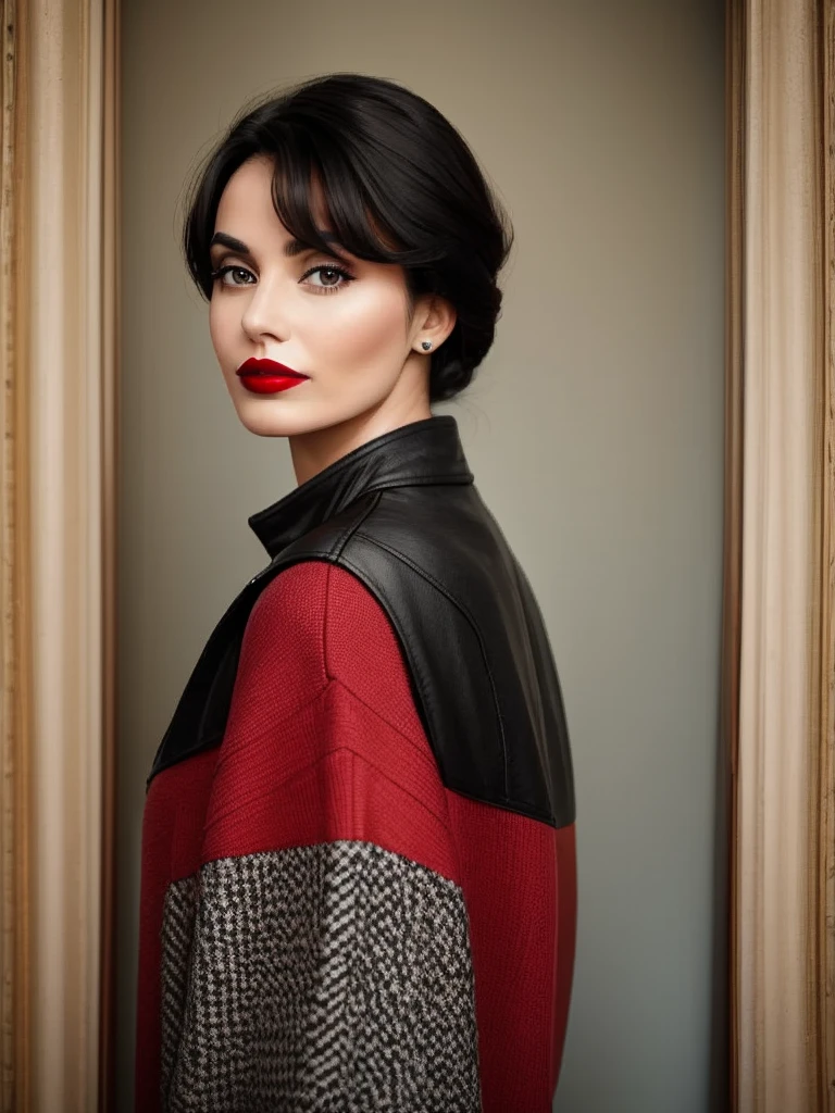 A woman with dark hair and red lipstick, dressed in a black leather jacket and skirt, exposing her cleavage.