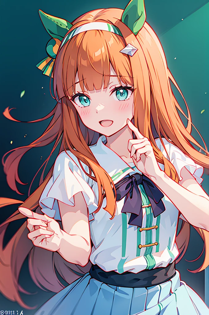 silence suzuka (umamusume), 1girl, solo, long hair, looking at viewer, blush, smile, open mouth, bangs, skirt, shirt, animal ears, green eyes, white shirt, short sleeves, hairband, blunt bangs, twitter username, orange hair, blue skirt, horse ears, own hands together, horse girl, interlocked fingers, ear covers