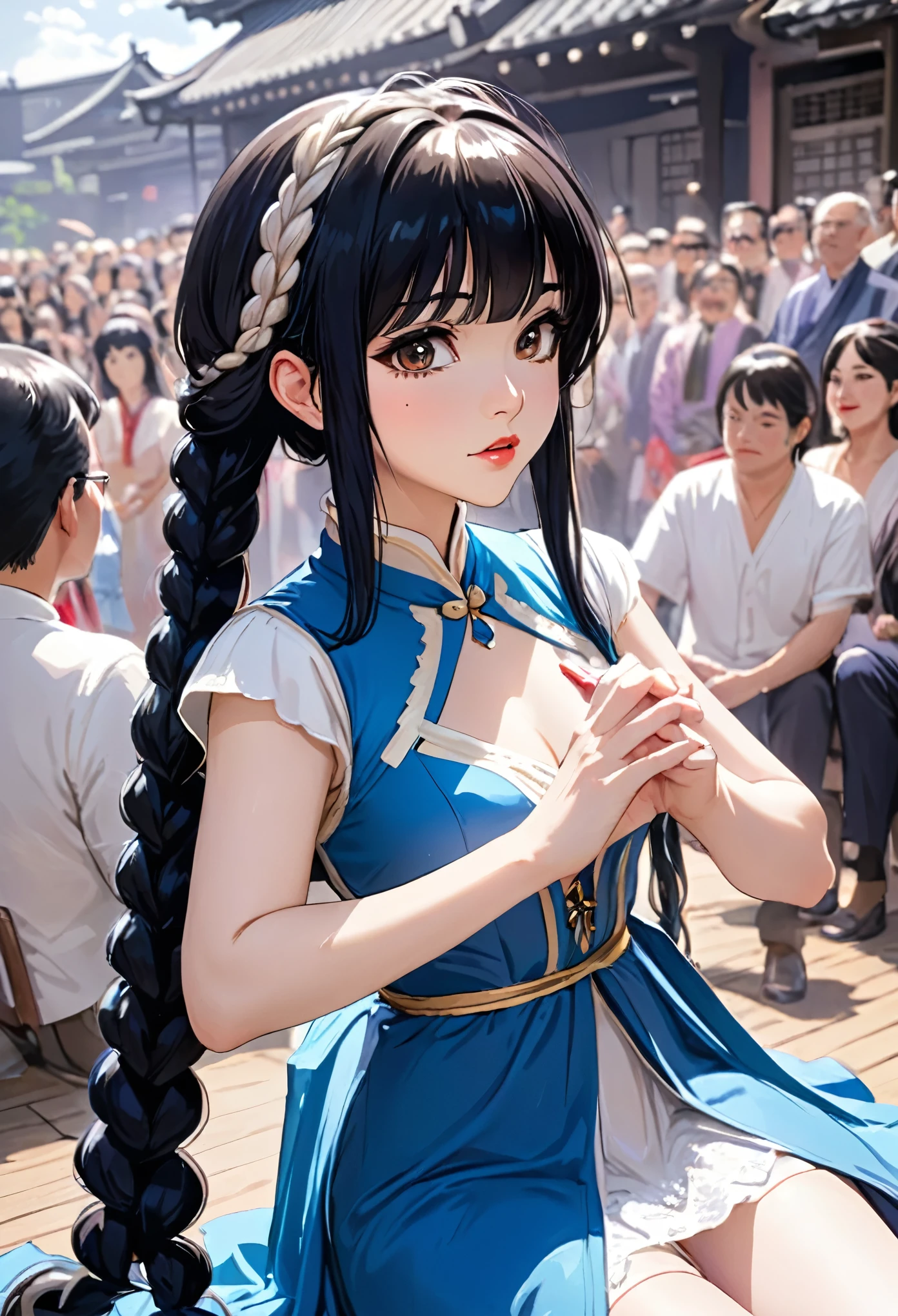 Lynn Minmay, 1 Mädchen, allein,  flechten, Das Publikum beobachten, Kleid, lange Haare, traditionelle Medien, Zeichen, bangs, kompensieren, Legen Sie Ihre eigenen Hände zusammen, schwarzes Haar, Ganzkörperaufnahme, Lippenstift, Bohrer Haare, Künstlername, twin flechtens, Brautstulpen, Kein Ärmel