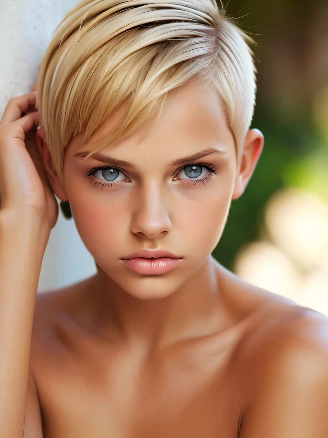 Naked fully tanned 16 years old naked girl, short blonde pixie cut hair -  SeaArt AI