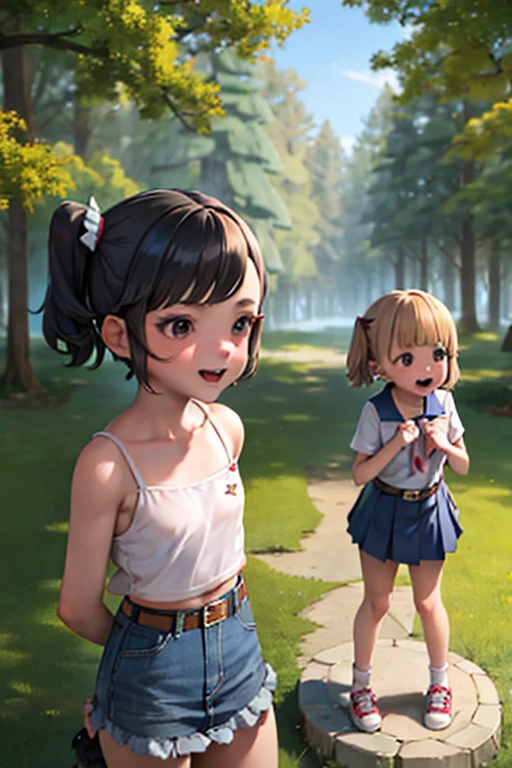 Girlish, Suski, short hair, Black Hair，low length，Little kid，Side Ponytail, Cat, belt, mini skirt，camisole, They're laughing, Are standing, (forest:1.3), Looking at the viewers, From below,