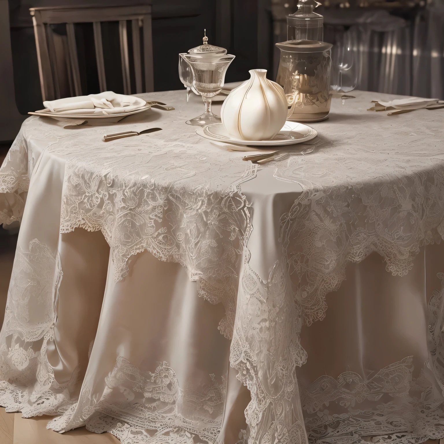 High-Resolution, Best Quality, Masterpiece: 1.5), white lace table tablecloth, Masterpiece, Intricate details, 1 black table, white tablecloth, elegant, delicate lace design, dim ambient lighting, soft shadows, detailed background, volumetric lighting, 3D rendering, close-up view.