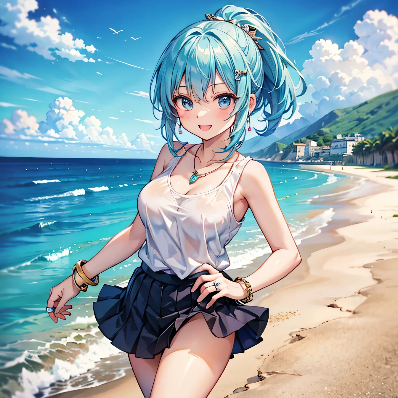 Anime Moe Art Style,highest quality,High resolution,Anatomically correct,One Girl,Mid-teens,A girl with light blue hair in a ponytail,Super detailed,Fantasy World,Sleeveless blouse,mini skirt,Big Breasts,A rich expression,A big smile,Walk along the coast,Eyes drawn in detail,hair ornaments,necklace,bracelet,ring,8K