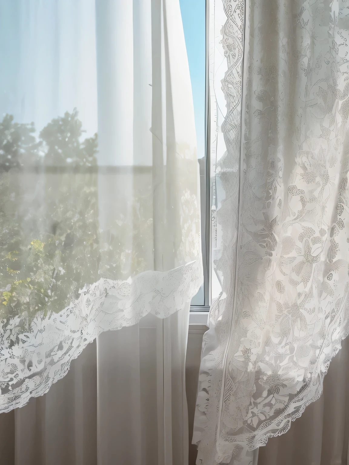 White lace curtains swaying in the wind