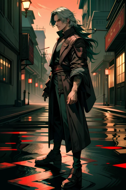 ((Super detailed, masterpiece, Absurd))
DMC5 Dante, One boy, alone, Long Hair, Dark green hair, A dandy samurai in a kimono, Standing pose, Red city lights, Adventurous look