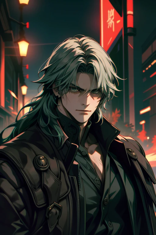 ((Super detailed, masterpiece, Absurd))
DMC5 Dante, One boy, alone, Long Hair, Dark green hair, A dandy samurai in a kimono, Upper Body, Red city lights, Adventurous look, Glaring at the camera