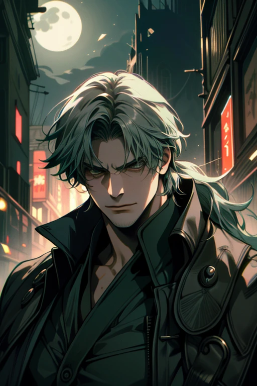 ((Super detailed, masterpiece, Absurd))
DMC5 Dante, One boy, alone, Long Hair, Dark green hair, A dandy samurai in a kimono, Upper Body, Blue Moonlight, Adventurous look, Glaring at the camera