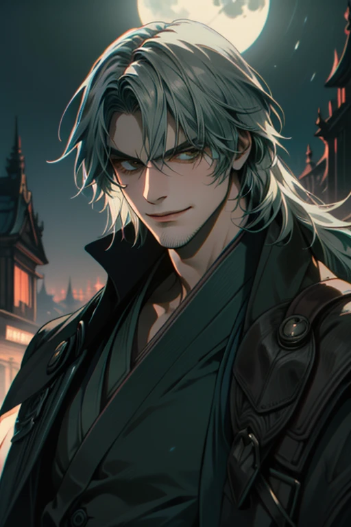 ((Super detailed, masterpiece, Absurd))
DMC5 Dante, One Man, Long Hair, Dark green hair, (((kimono))), Dandy Samurai, Upper Body, Blue Moonlight, Adventurous look, Fearless smile, Glaring at the camera