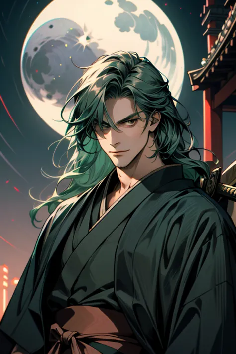 ((super detailed, masterpiece, absurd)), one man, long hair, dark green hair, (((kimono))), dandy samurai, upper body, (((front)...