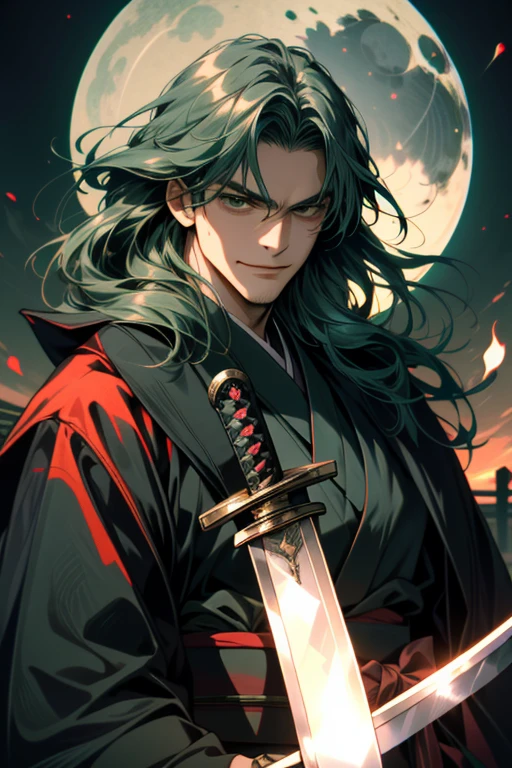 ((Super detailed, masterpiece, Absurd)), One Man, Long Hair, Dark green hair, (((kimono))), Dandy Samurai, Face Up, (((front))), Blue Moonlight, Adventurous look, Fearless smile, Glare up at the camera, (((Japanese sword))), Dark Shadows