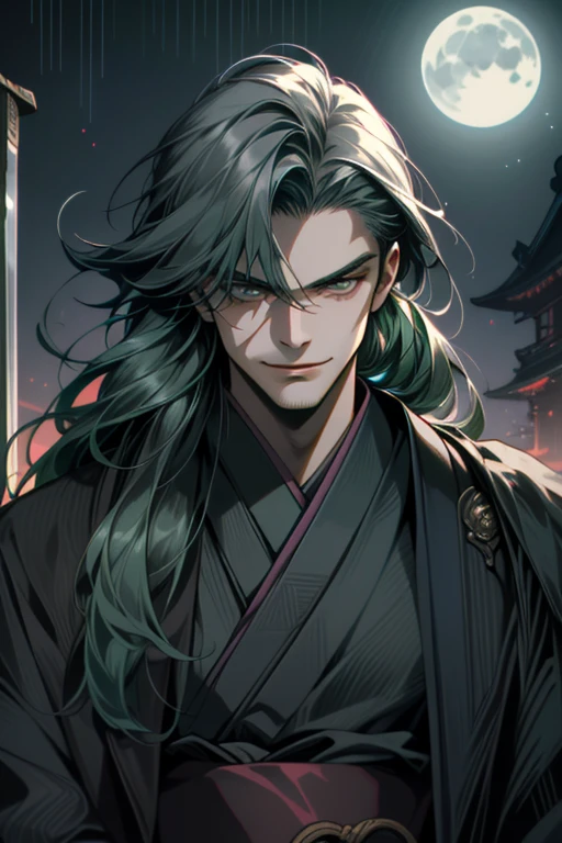 ((Super detailed, masterpiece, Absurd)), One Man, Long Hair, Dark green hair, (((Dark grey kimono))), Dandy Samurai, (((Face Up))), (((front))), Blue Moonlight, Adventurous look, Fearless smile, (Glare up at the camera), (((Japanese sword))), (((Dark Shadows)))