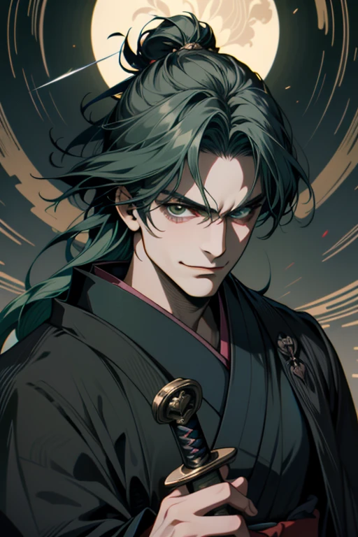 ((Super detailed, masterpiece, Absurd)), One Man, Long Hair, Dark green hair, (((Black kimono))), Dandy Samurai, (((Face Up))), (((front))), Blue Moonlight, Adventurous look, Fearless smile, (Glare up at the camera), (((Japanese sword))), (((Dark Shadows)))